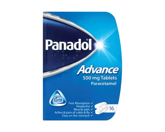 Panadol Advance blue packaging; 500 mg paracetamol tablets, 16 tablets per pack.