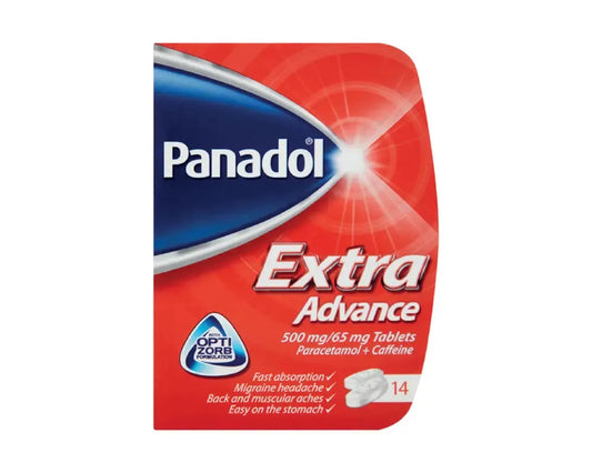 Panadol Extra Advance tablets packaging, red and blue with Panadol logo, 14 tablets