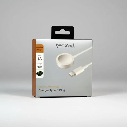 Charging cable iWatch USB-C adaptor box by WireXtra, white-gray packaging with cable and USB-C plug