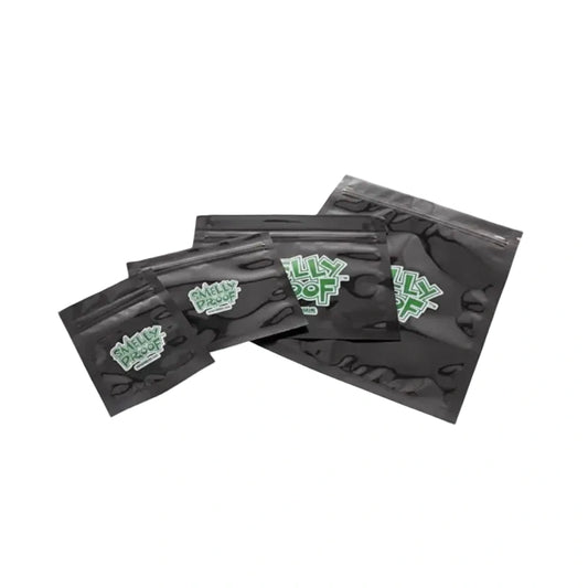 Smelly brand smell-proof zip bags; black resealable pouches with green logo, set of four sizes