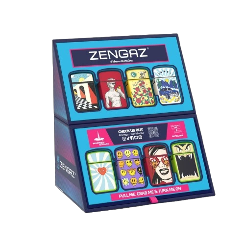 ZENGAZ windproof jet-flame lighter stand featuring 16 colorful lighters on a blue display