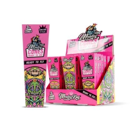 Monkey King Cones rolling papers display in pink king-size packaging with 3x cones