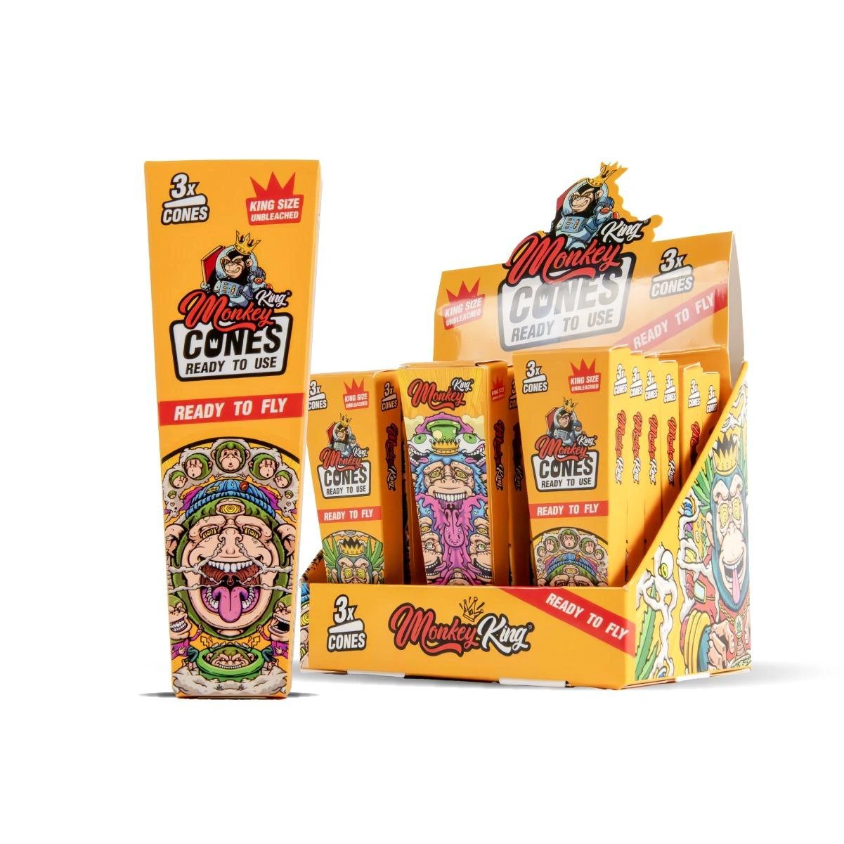Monkey King Cones rolling papers display box with 3x cones in orange cartoon packaging