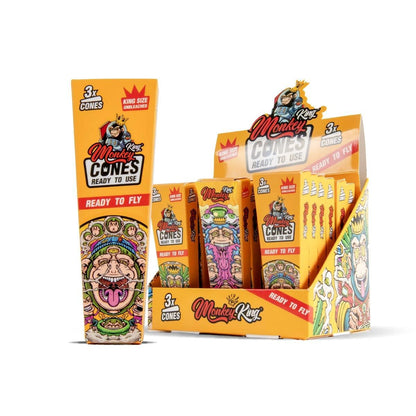Monkey King Cones rolling papers display box with 3x cones in orange cartoon packaging