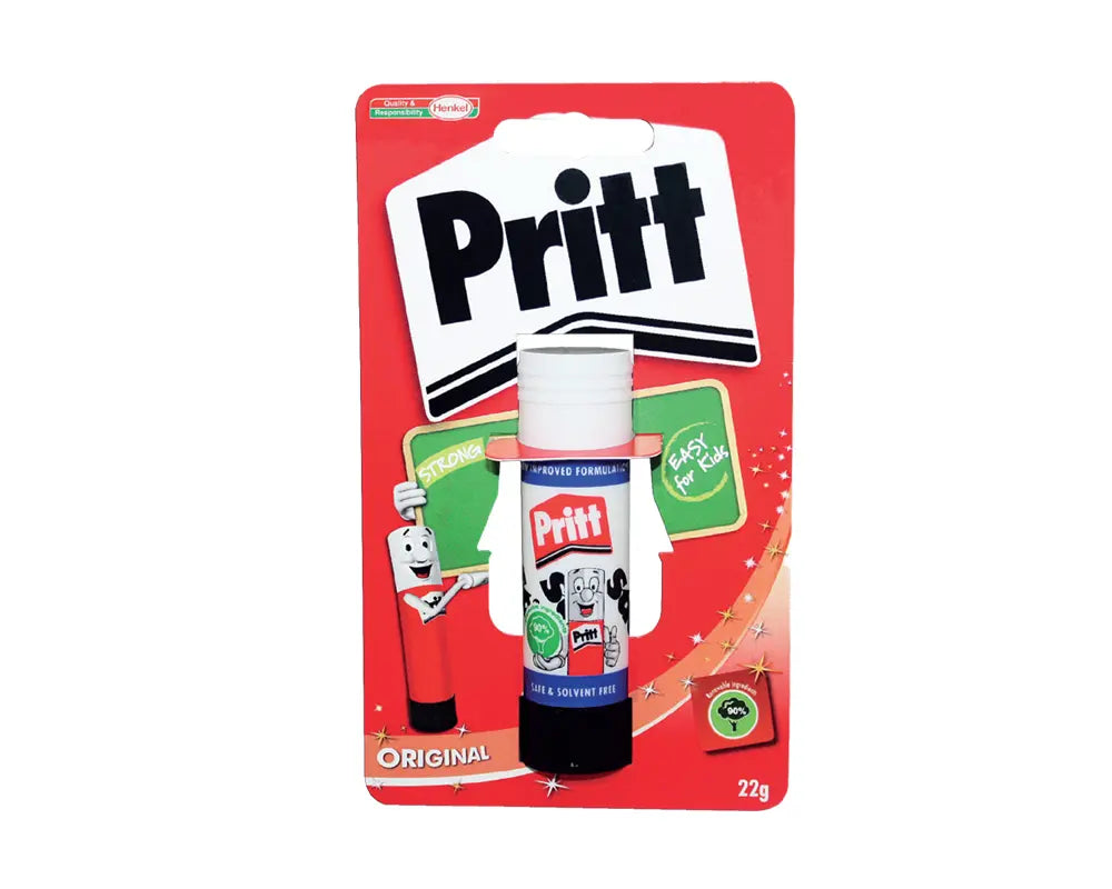 Pritt glue stick on red blister card packaging, original 22g adhesive stick by Pritt.