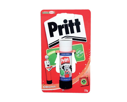 Pritt glue stick on red blister card packaging, original 22g adhesive stick by Pritt.