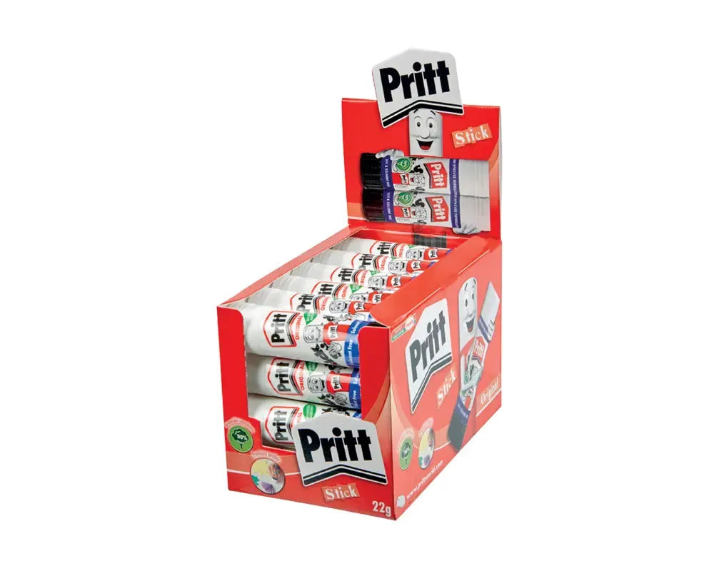 Pritt adhesive sticks display box with 25 red-packaged glue sticks