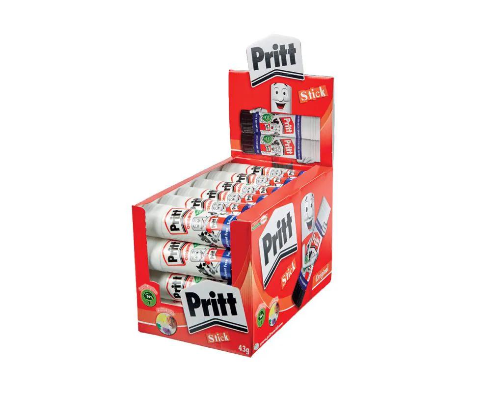 Pritt Adhesive Stick box with 25 white glue sticks in red packaging