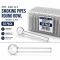 A 50-pack of clear glass AC-3 smoking pipes with round bowls, shown both inside their clear plastic packaging and as individual pieces. The image features dark blue text highlighting key product features like 'Durable Glass' and 'Universal Fit'.