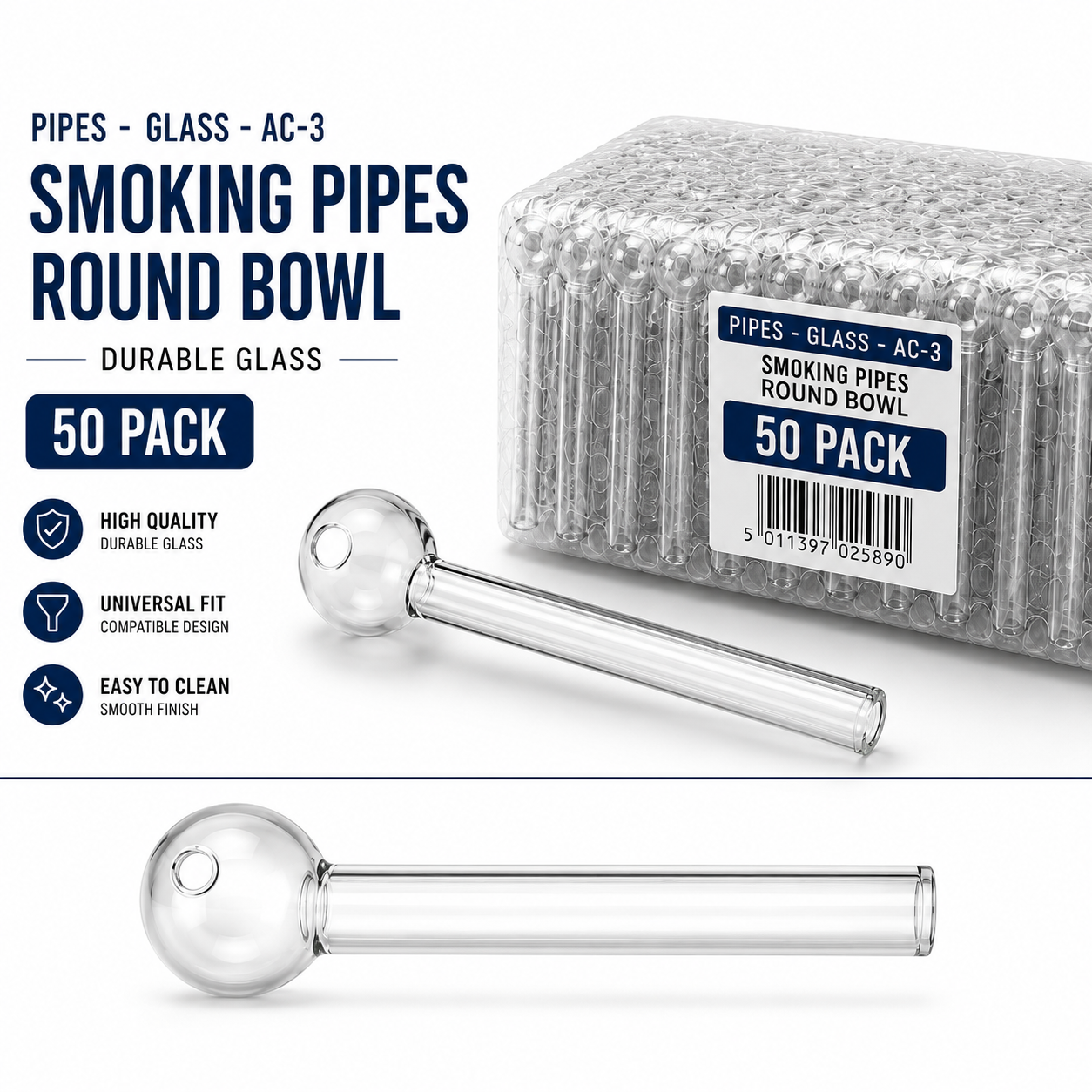 A 50-pack of clear glass AC-3 smoking pipes with round bowls, shown both inside their clear plastic packaging and as individual pieces. The image features dark blue text highlighting key product features like 'Durable Glass' and 'Universal Fit'.