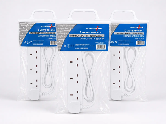 PowerPlus 4-way extension leads; white plastic, three-pack with 2m, 5m and 10m lengths.