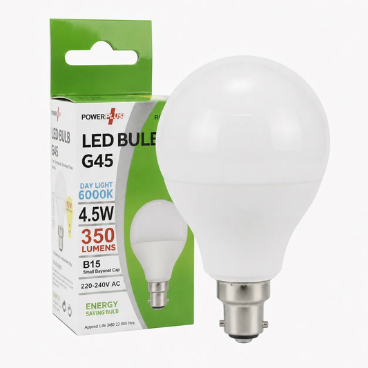 PowerPlus SBC LED Bulb G45 B15, 4.5W, warm white 2700K, energy-saving bulb with green packaging.