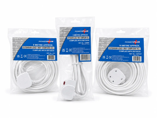Two Powerplus extension lead samples in packaging on a white background