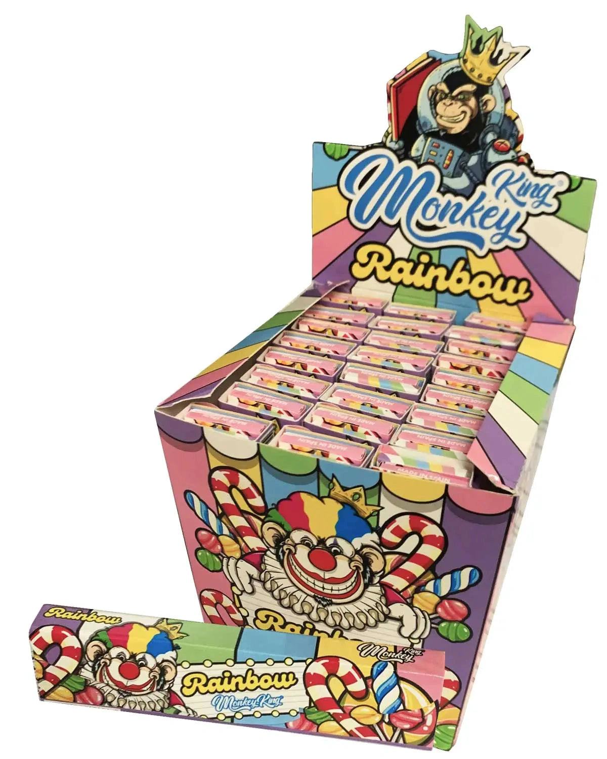 Monkey King Rainbow flavoured rolling papers, 24-pack display with colorful clown artwork