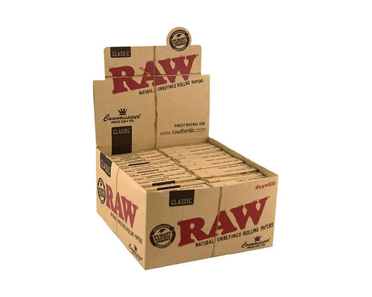 RAW Classic King Size Slim rolling papers box with 24 packs, brown kraft packaging and red RAW logo.