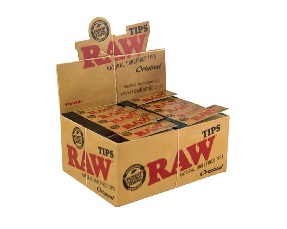 RAW Classic Rolling Paper Tips (50 Pack) display box with kraft packaging and multiple RAW Tips packs