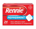 Rennie Peppermint tablets box, red packaging with blue Peppermint band, 24 tablets, Bayer logo.