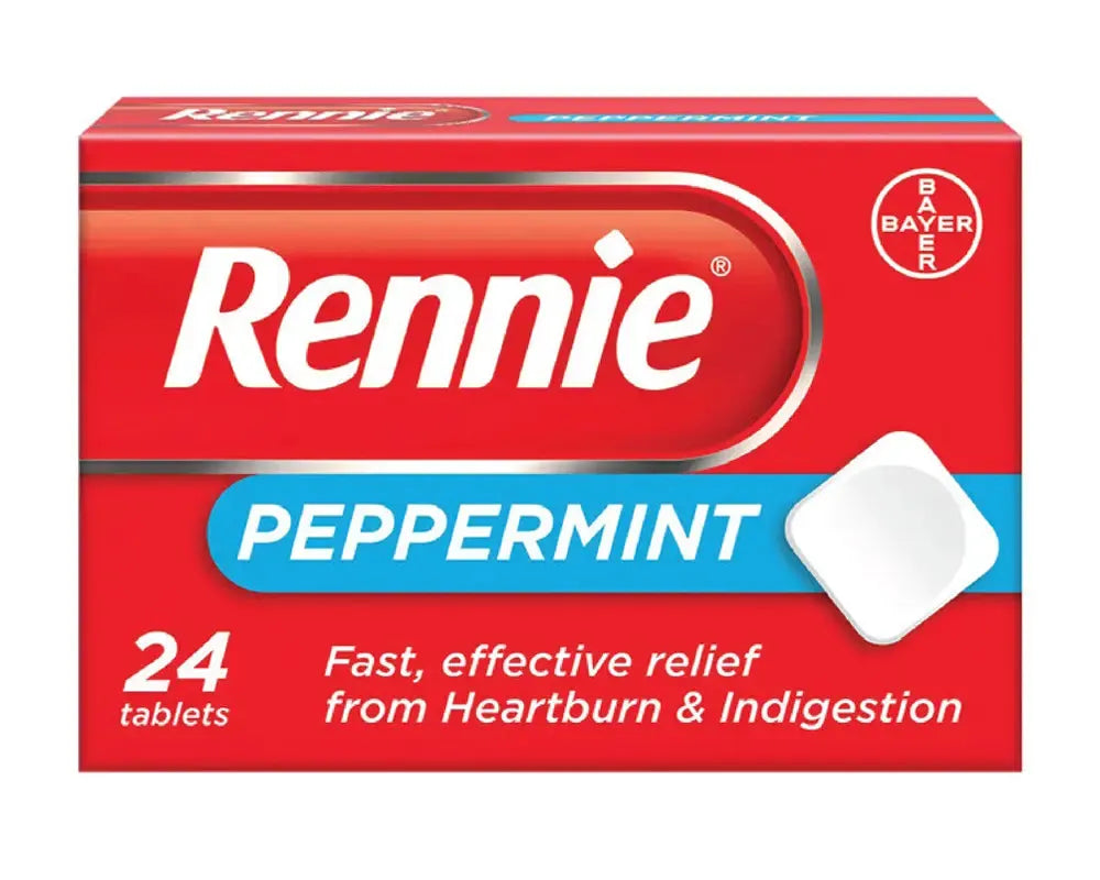 Rennie Peppermint tablets box, red packaging with blue Peppermint band, 24 tablets, Bayer logo.