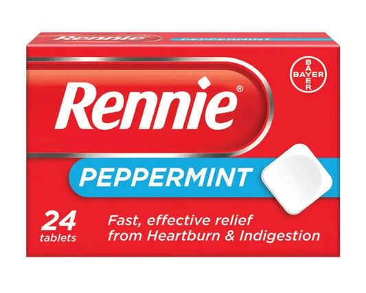 Rennie Peppermint tablets box, red packaging with blue Peppermint band, 24 tablets, Bayer logo.