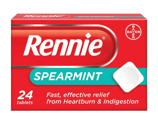 Rennie Spearmint Pocket Pack tablets; red box with teal Spearmint banner, 24 tablets