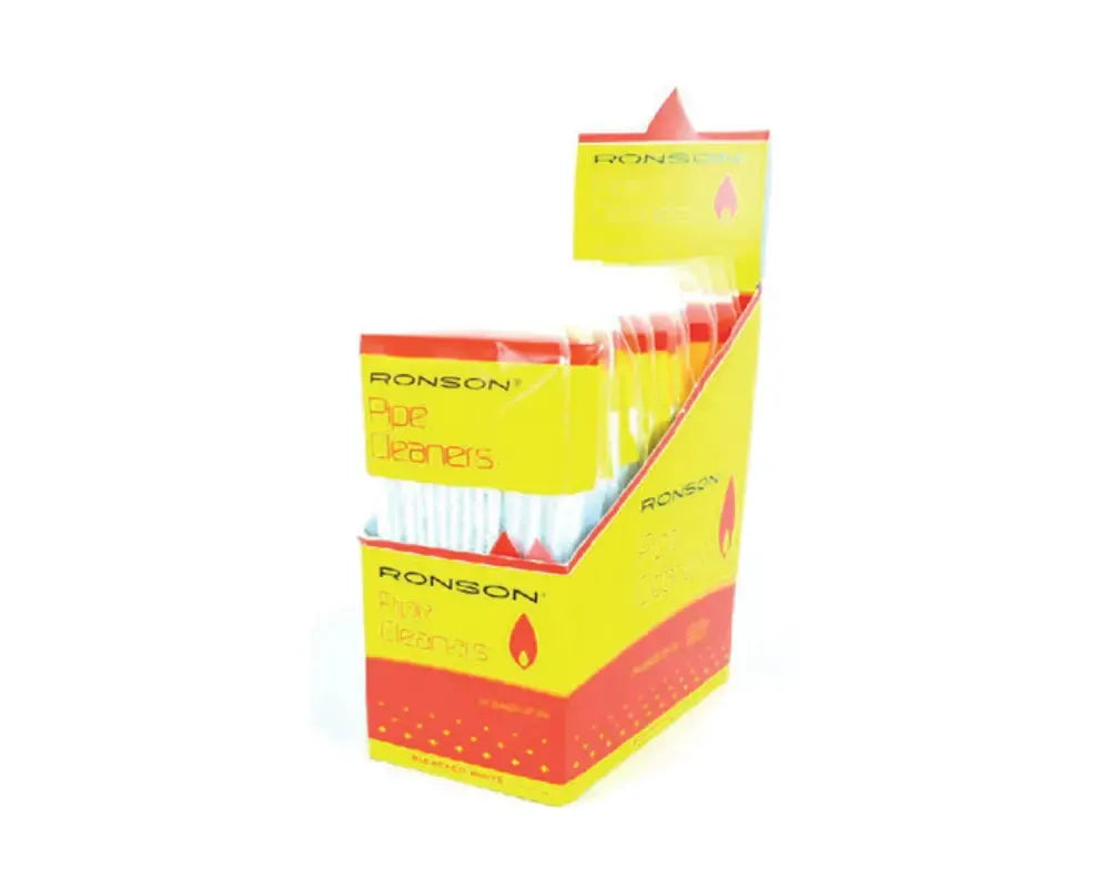 Ronson pipe cleaners display box with multiple yellow and red packs and white pipe cleaners.