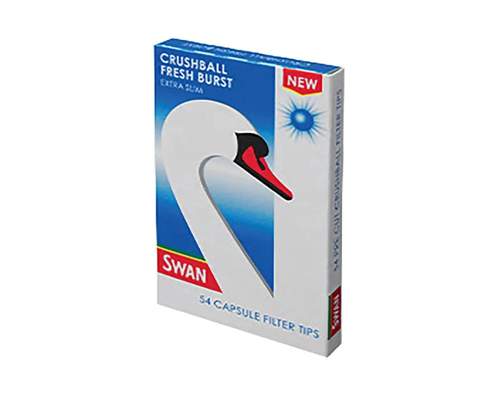 Swan Crushball Fresh Burst Extra Slim Pre-Cut Tips box; blue-white Swan Filters packaging with 54 capsule filter tips.