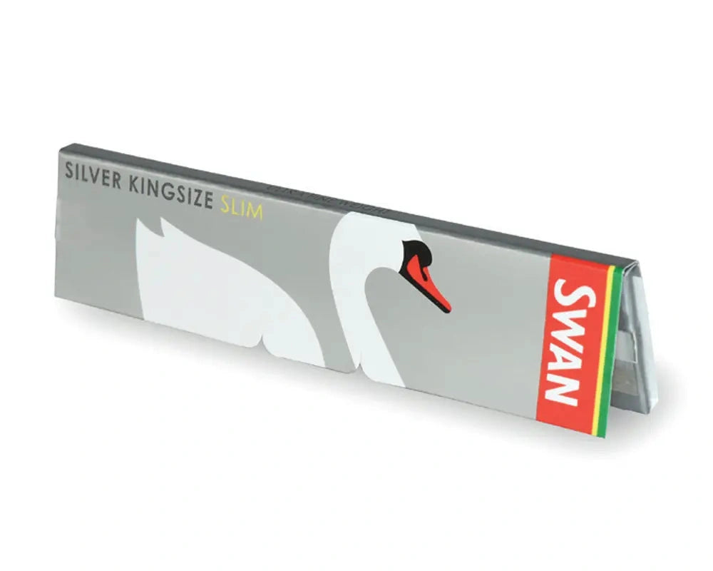 Swan King Size Slim Silver rolling papers pack, 50-count, gray with white swan illustration and Swan logo.