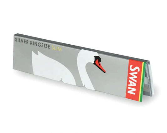 Swan King Size Slim Silver rolling papers pack, 50-count, gray with white swan illustration and Swan logo.