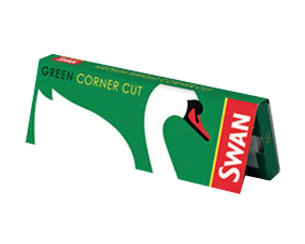 Swan green corner-cut rolling papers box with Swan logo