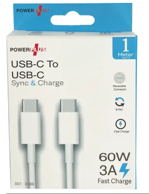 Power Plus USB-C to USB-C charging cable, 1 meter blister pack, 60W 3A fast charge
