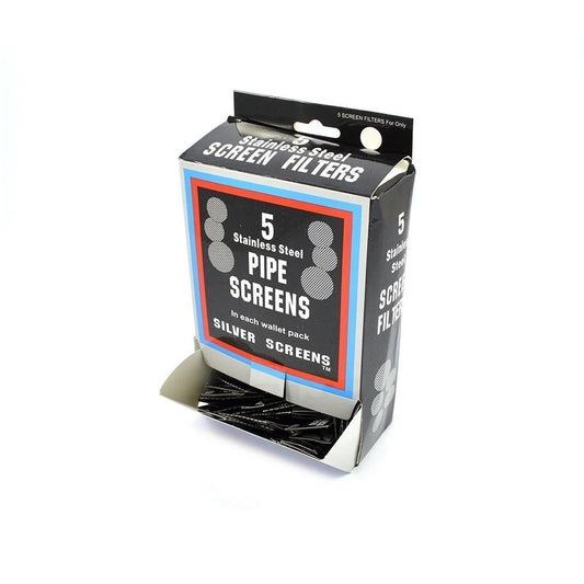 A retail box of Silver Screens stainless steel screen filters, containing 5 pack sizes of 100 each, displayed on a clean white background.