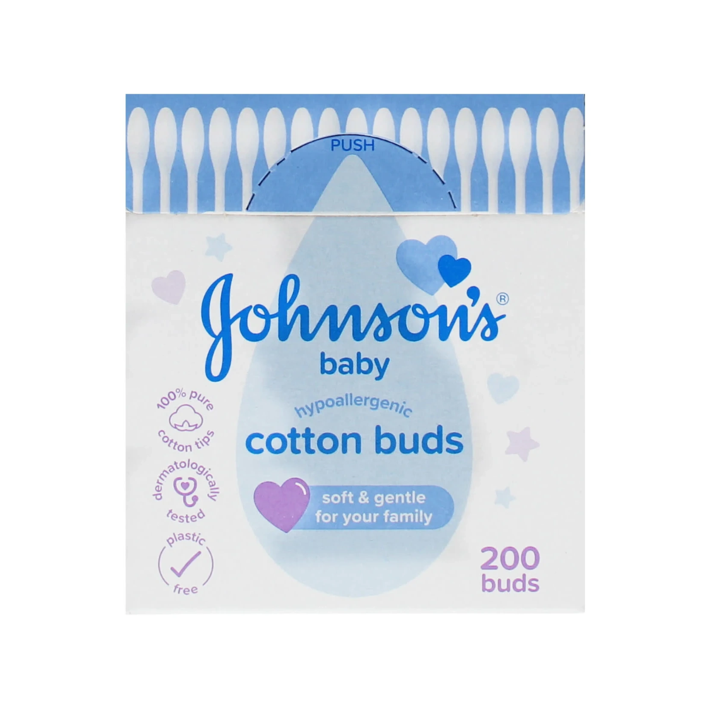 Johnsons baby cotton buds pack, 200 buds, blue and white packaging