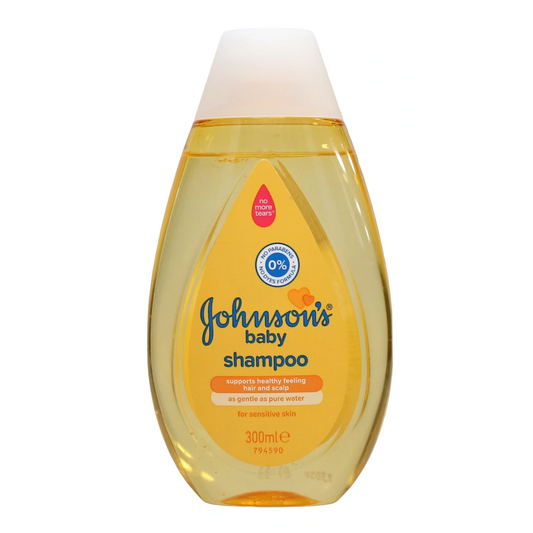Johnson's baby shampoo bottle with yellow label and yellow liquid, 300ml