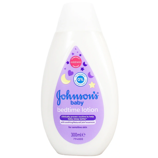 Johnson's baby bedtime lotion bottle, white plastic with purple label, 300ml
