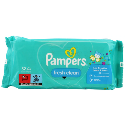 Pampers baby wipes fresh clean turquoise package, 52 wipes; dermatologically tested, great for hands and faces