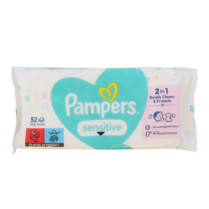 Pampers sensitive baby wipes package with teal heart logo; 52 wipes, 2-in-1 gently cleans & protects baby.