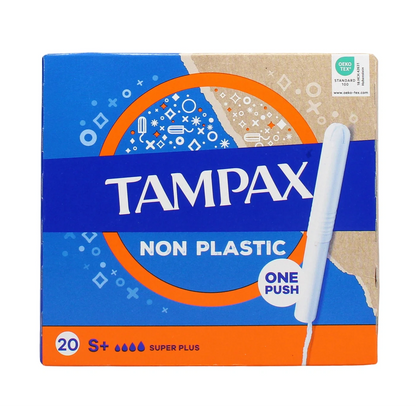 Tampax applicator tampons, 20 pack, blue and orange non-plastic packaging