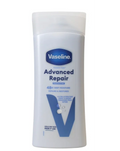 Vaseline Advanced Repair body lotion bottle, white container with blue Vaseline logo and 48h moisture