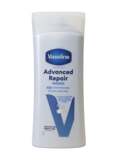 Vaseline Advanced Repair body lotion bottle, white container with blue Vaseline logo and 48h moisture