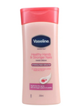 Vaseline Body Lotion bottle in pink with red cap; clear Vaseline logo on the label