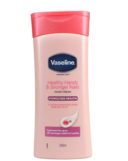 Vaseline Body Lotion bottle in pink with red cap; clear Vaseline logo on the label