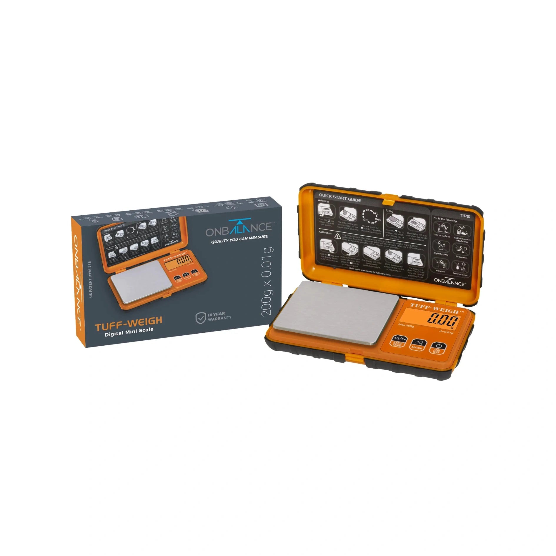Tuff-Weigh digital pocket scale, orange with rubber grip, in open case beside two packaging boxes
