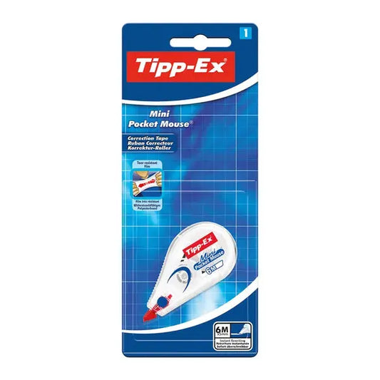 Tipp-Ex Mini Pocket Mouse correction tape dispenser on blue blister card.