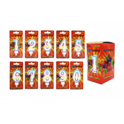 Birthday Candles Numbered 0-9 in red packaging with a matching display box