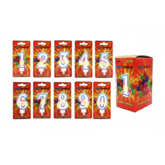 Birthday Candles Numbered 0-9 in red packaging with a matching display box