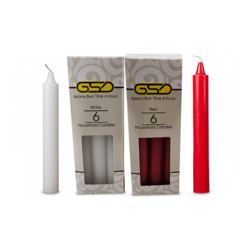 GSD Household Candles, white and red, two 6-pack boxes totaling 12 candles; birthday candle set.