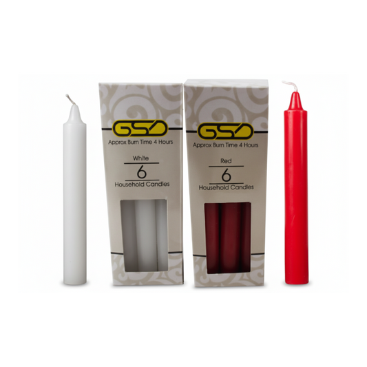 GSD Household Candles, white and red, two 6-pack boxes totaling 12 candles; birthday candle set.