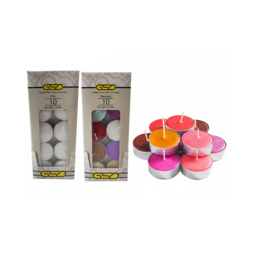 Household Tealight Candles by GSD, 10-pack each; two boxes show white and assorted colored tealights.