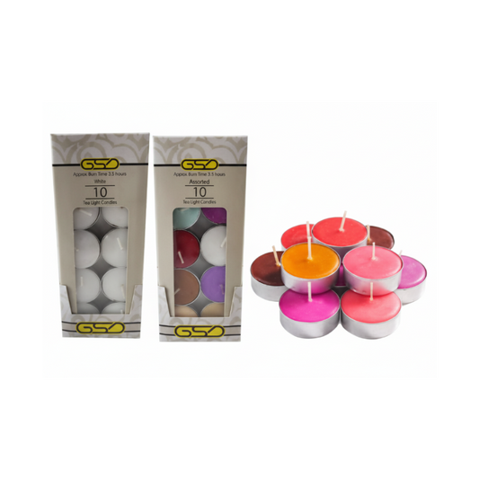 Household Tealight Candles by GSD, 10-pack each; two boxes show white and assorted colored tealights.