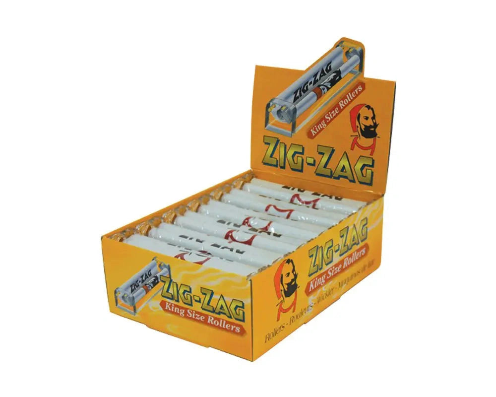 Zig-Zag King Size Rollers 12-pack display box in orange packaging